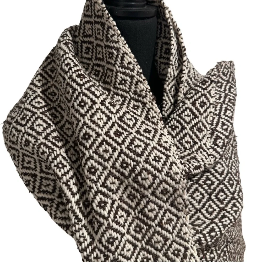 Mexican Rebozo Shawl in Brown on Cream –100% Raw Wool, Thick, Large Winter Wrap